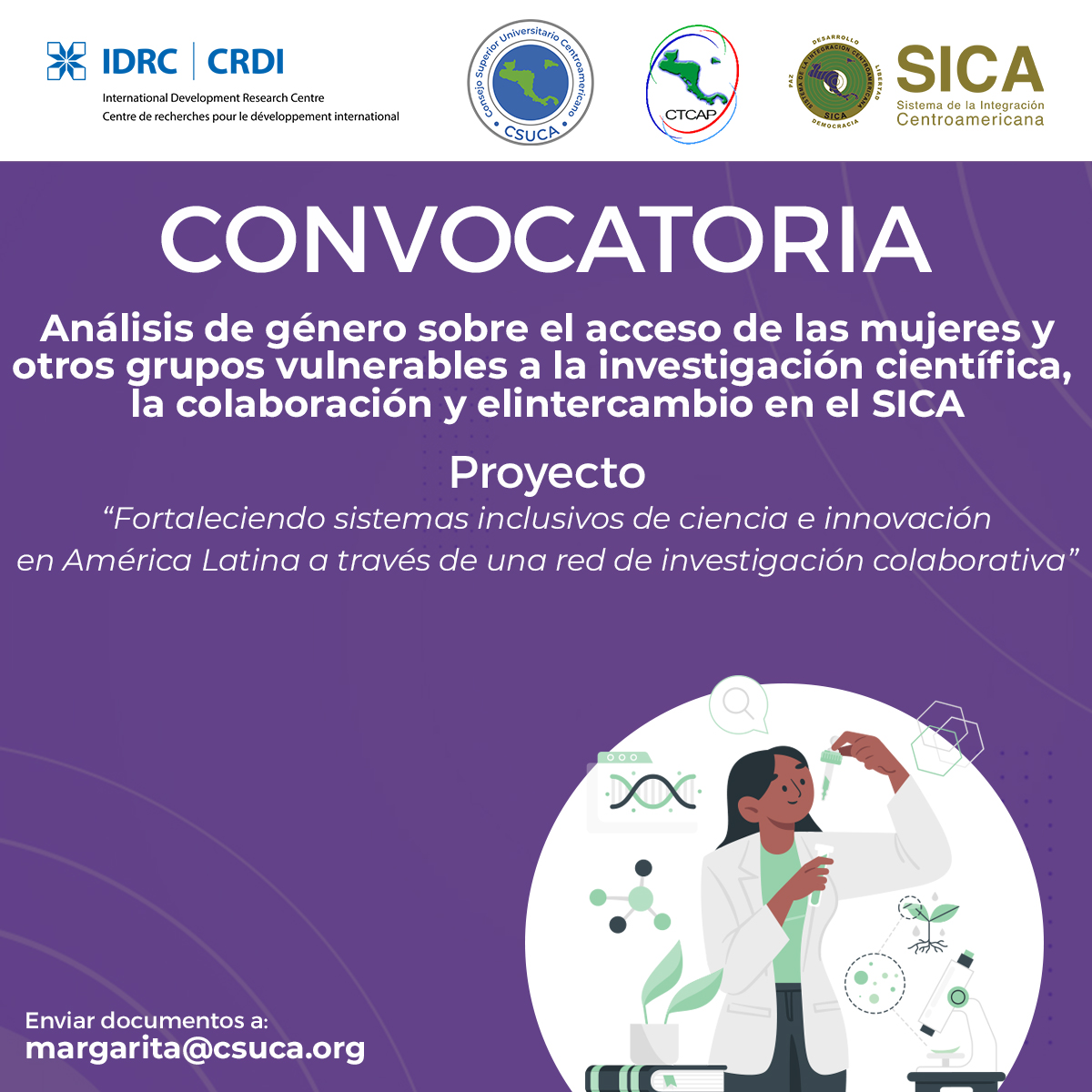 Convocatória “Análisis de género sobre el acceso de las mujeres y otros grupos vulnerables a la investigación científica, la colaboración y el intercambio en el Sistema de Integración Centroamericana”